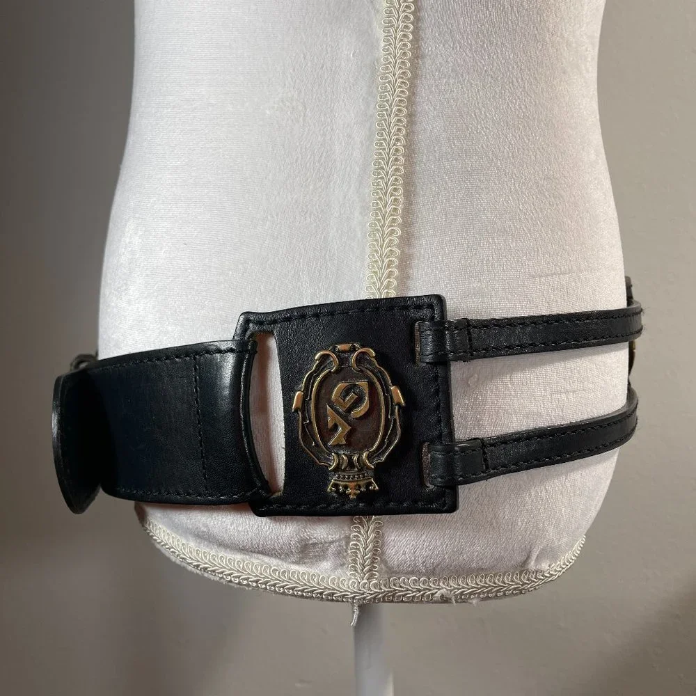 GF FERRE Black Leather Sectioned Belt with Bronze Plaques